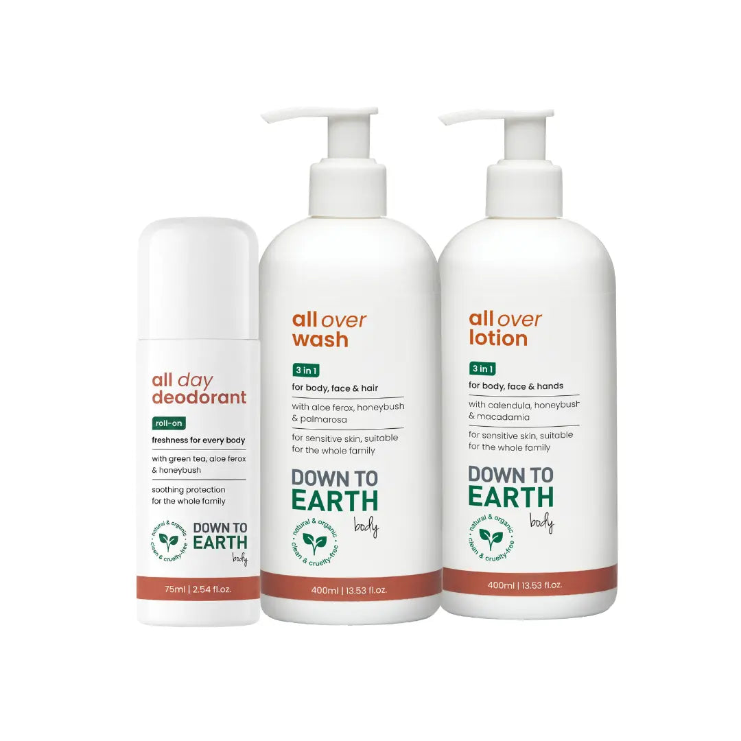 Three white pump bottles of Down To Earth Body care products on a white background: a small deodorant bottle, a medium wash bottle, and a large lotion bottle. The labels are white with green and orange text and graphics.